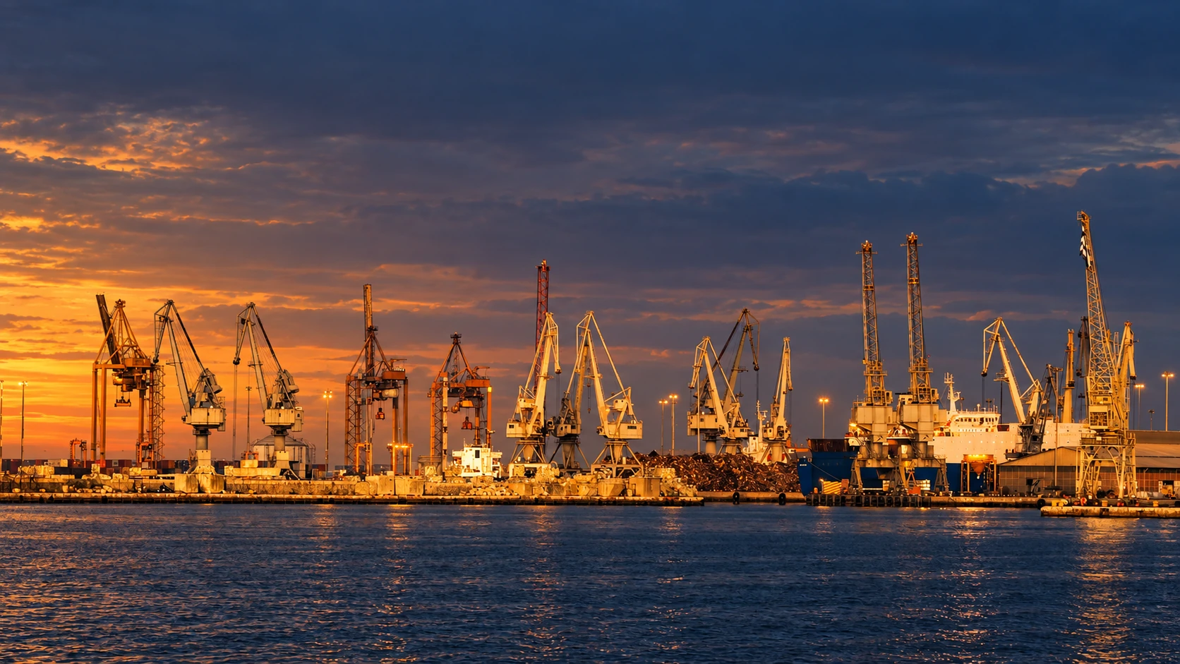 Cargo vessels and port cranes at sunset